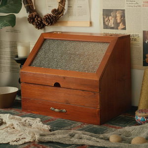 <b>Solid</b> <b>Wood</b> Retro Cosmetic Storage Box With Glass Lid <b>Desk</b> Organizer For Journal Display Cabinet - Product Image 1