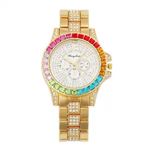 Hifive Ins – montre-bracelet trois yeux en acier inoxydable, plaqué or, pierres précieuses colorées, strass, cristal, Quartz, pour femmes