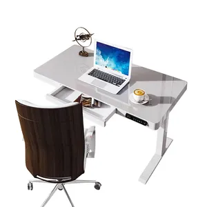 High end motorized height adjustable table intelligent electric white glass top sit stand desks with drawer office computer desk