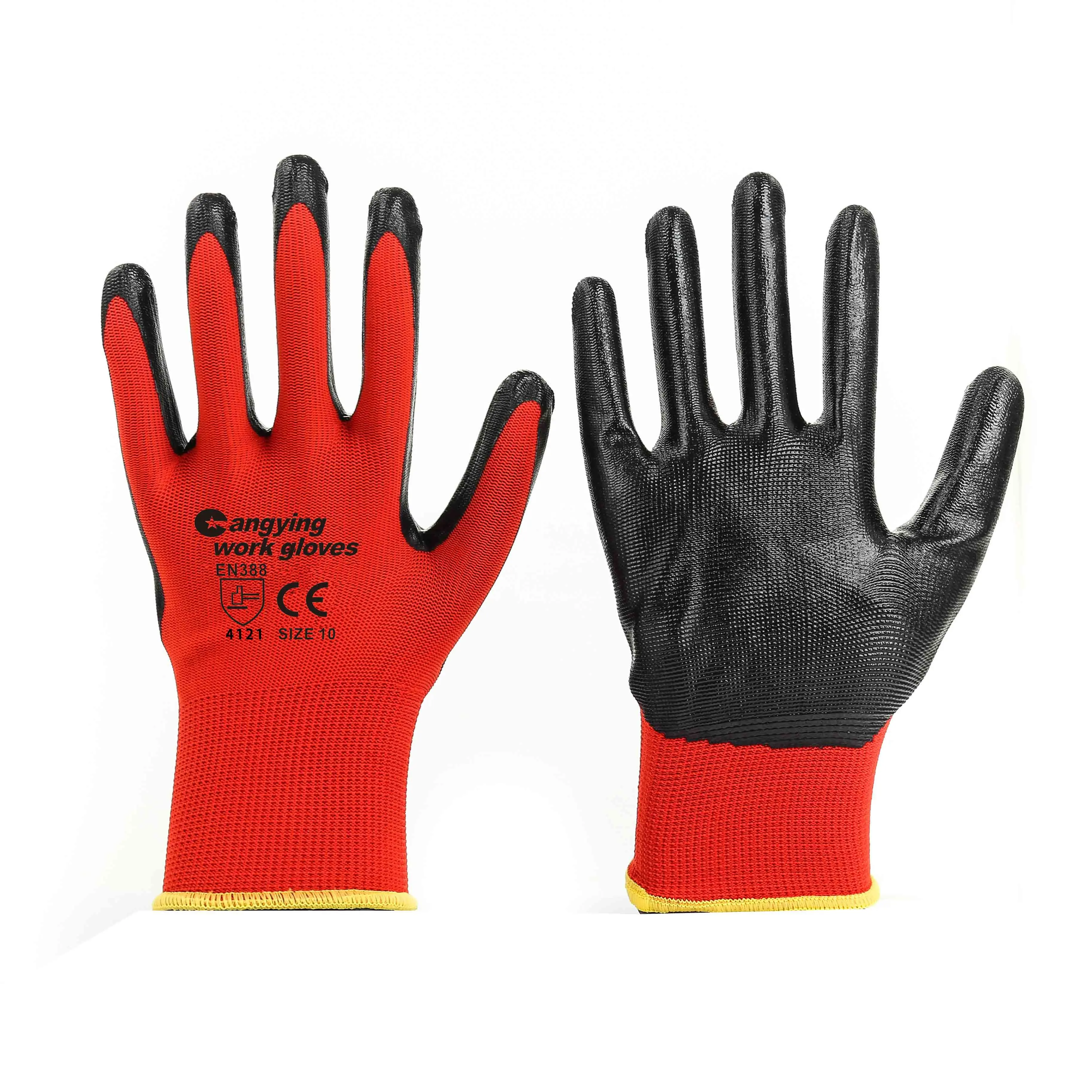Gants en nitrile rouge en388 de calibre 13 gants de travail personnalisés gants à prise en caoutchouc