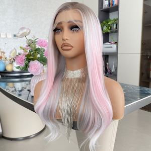 Perruque synthétique de qualité supérieure 13x4 Lace Front, dentelle transparente, densité naturelle 150%, haute température, couleur argentée rose - Product Image 4