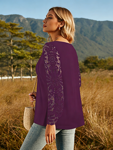 Blusa Casual de Verano para Mujer, Elegante, con Mangas de Encaje Morado, Cuello en V, Botones, Talla Grande - Product Image 2