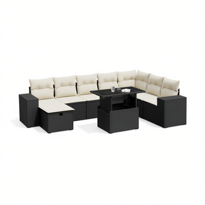 Conjunto de Sofá de Jardín de 9 Piezas, Ratán Sintético Negro, Muebles de Exterior, Patas Ajustables, Diseño Contemporáneo - Product Image 1