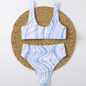 Nuovo Bikini Retrò da Donna, Sexy con Scollo a V, Tie-Dye Blu <span class=keywords><strong>Cielo</strong></span> a Righe, Costume da Bagno a Vita Alta - Product Image 4