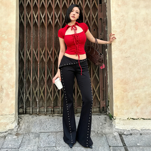 Slant Waistband Rivet Webbing Straight Trousers Patchwork Detail Street Fashion Hot Girl Elegant Flattering Unique Long <b>Pants</b> - Product Image 1