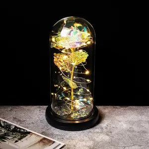 Yapay enchanted altın gül Led lamba altın folyo gül cam kubbe sevgililer günü hediyeleri için ışıkları ile LED
