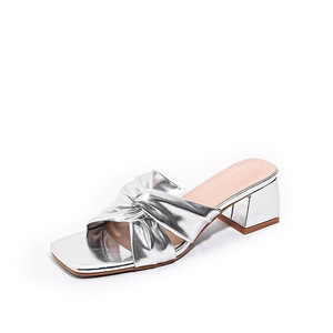 Sandalias de Tacón de Cuero Plateado con Lazo, Punta Cuadrada, Tacón Ancho, Estilo Slip-On, Zapatos de Verano para Mujer - Product Image 1