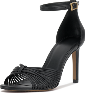 Sandalias de Tacón Alto de Piel Sintética Negra con Pliegues, Punta Abierta y Correa con Hebilla, Zapatos de Vestir de Verano - Product Image 1