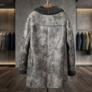 Veste en cuir véritable pour homme avec doublure en fausse fourrure, col rabattable, coupe-vent, style vêtement de travail, finition épaisse et lavée - Product Image 4