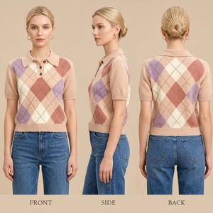 Breathable Anti-Wrinkle Women's Vintage Shorts-sleeved <strong>Argyle</strong> Button for Collar Jacquard Wool/Nylon/Cotton <strong>Sweater</strong> - Product Image 2