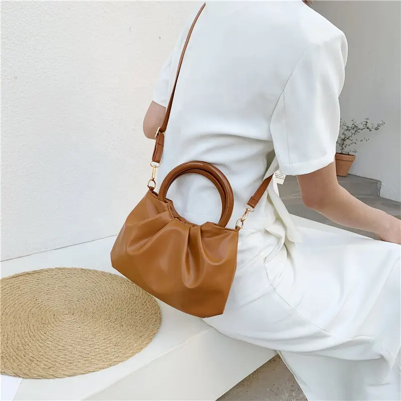 Bolso Retro informal con asa de madera para mujer, bandolera de cuero suave