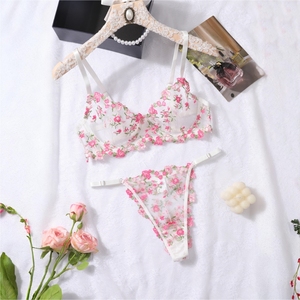 Set Lingerie Wanita Seksi 2-Potong, Bra Transparan Berbahan Mesh dengan Bordir Bunga dan G-string, Ukuran XL, Romantis, Menggoda, Tali Dapat Disesuaikan - Product Image 3