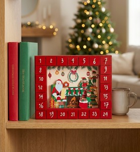 Calendrier de l'Avent en <span class=keywords><strong>bois</strong></span> rouge avec scène du Père Noël et des elfes, boîte de compte à rebours de 24 jours, cadeau surprise de Noël réutilisable, décoration de la maison - Product Image 4