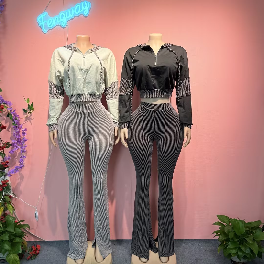 2025 Women Fashion 2 Piece Outfit Long Sleeves Twisty Rod Patchwork Hoodies Crop Tops + Flare Pants Female Sportswear Set
