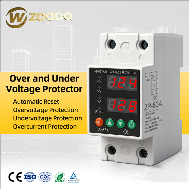 220V Din Rail Digital Dual Display SVC PC Material Adjustable Voltage Current Protector Device Relay 40A 63A Single Phase AC