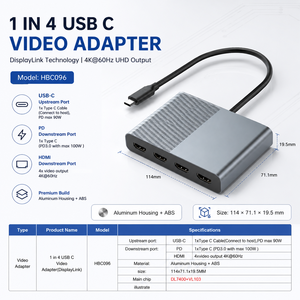 Adaptador <span class=keywords><strong>USB</strong></span>-C DisplayLink <span class=keywords><strong>4</strong></span> en 1, HDMI Cuádruple 4K+60Hz, Carga PD de 100W, Convertidor de Video Multipantalla de Aluminio para <span class=keywords><strong>4</strong></span> Monitores para Laptop - Product Image 4