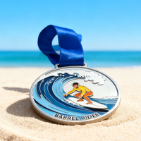 Médaille de surfeur en métal plaqué argent émaillé avec motif d'onde océanique personnalisé, forme ronde, prix de finisseur, médaille de surf pour concours de surf