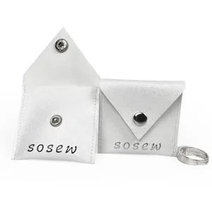 SoSew silver stud custom logo hot stamping shiny spot pu jewelry flap gift packaging leather jewellery pouch for ring