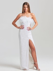 Abito Formale Aderente con Spacco al Ginocchio con Piume Traspirante Taglie S/M/L Vita Naturale Tessuto Lavabile per l'Estate - Product Image 2