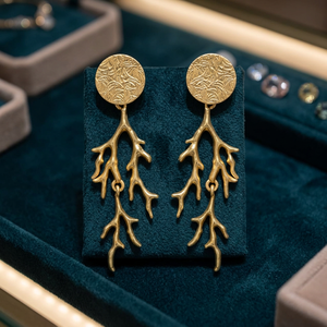 Matte Gold Textured Disc <b>Coral</b> Branch Drop Earrings Brass 18K Gold Plated Ocean Dangle Ethnic Wedding Party Unisex - Product Image 3