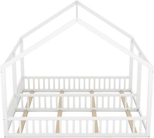 Lit double pour enfants <span class=keywords><strong>2</strong></span>-en-1 Cadre de lit en bois massif Cabine Clôture de sécurité Salle à manger MDF Sommier à lattes en bois blanc (<span class=keywords><strong>Matelas</strong></span> non inclus) - Product Image 5