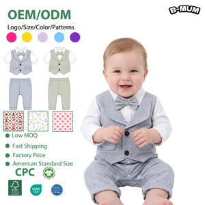 Ensemble 3 pièces formel pour bébé garçon : Gilet à carreaux, chemise à manches longues, nœud papillon, barboteuse – Tenue de gentleman pour baptême et mariage – Taille US OEM ODM 1-5 ans - Product Image 1