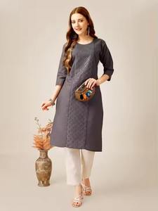 Elegante totalmente cosido étnico indio pakistaní vestido informal rayón algodón Magic Slub Kurti intrincado bordado trabajo viscosa - Product Image 5