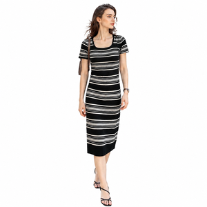Vestido Midi de Punto a Rayas para Mujer, Manga Corta, Cuello Cuadrado, Cintura Natural, Casual, Verano, Transpirable, Spandex, Poliéster - Product Image 1