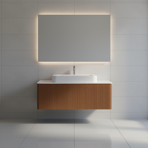 Modern <b>Wall</b> Mounted Bathroom Vanity 48 In Solid Wood Walnut Finish White Ceramic Sink <b>Rectangular</b> Design - Product Image 2