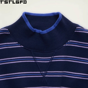 Cut And Sew Striped Mock Neck Sweatshirt Men <b>Navy</b> Pullover Drop Shoulder Knit Wholesale Bulk - Product Image 4