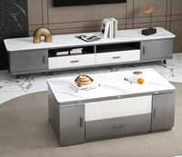 Ensemble de table basse relevable multifonctionnel moderne en bois massif avec plateau en verre trempé, hauteur réglable, pour salon, avec pierre frittée intégrée
