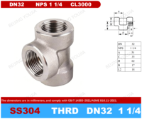 Raccord en T forgé sur mesure en acier inoxydable 304, surface lisse, haute pression, filetage NPT, DN32 NPS 1-1/4" ASME, capacité 3000 lbs