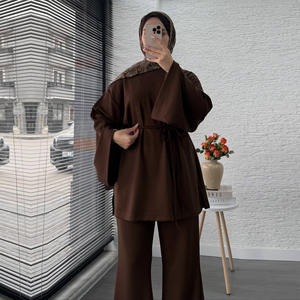 中東ドバイ無地<span class=keywords><strong>2</strong></span>ピースセット高級ワイド長袖アバヤ<span class=keywords><strong>2</strong></span>ピースフルカバーイスラムアバヤセット - Product Image 6