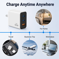 Chargeur mural GaN 65W pliable tendance et populaire aux États-Unis, 3 ports USB-A + 2 USB-C, charge rapide pour téléphone, tablette, ordinateur portable