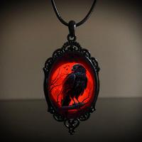 Collier Cadre Photo Vintage Style Gothique Rétro avec Château, Chauve-souris, Roses, Corbeau et Croix, thème Vampire