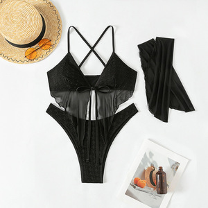 Maillot de bain pour femmes, bikini à lacets, couleur unie, vêtements de plage sexy, maillot de bain quatre pièces - Product Image 4