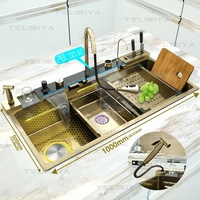 Évier de cuisine intelligent noir avec lumière d'affichage numérique et robinet cascade pour cuisine d'hôtel restaurant