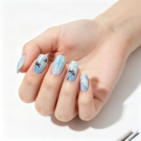 Faux ongles à presser longs forme cercueil, motif palmier de plage estival et étoiles dégradées bleues, réutilisables, pour les vacances et le quotidien
