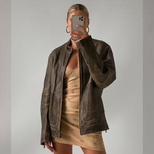 Chaqueta Bomber de gran tamaño marrón hecha a mano para mujer, ropa de invierno informal de piel de cordero auténtica, regalo de talla grande de cuero Real para mujer - Product Image 1