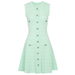 Abito Mini in Maglia Monopetto Crystal da Donna, Elegante per l'Ufficio, con Scollo a O, Senza Maniche, Vestibilità Slim, <span class=keywords><strong>Linea</strong></span> ad A, Rosa - Product Image 1