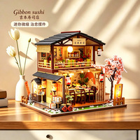 Kit miniature de maison en bois 3D personnalisable, restaurant japonais de sushi, intérieur zen, arbre à fleurs de cerisier, décoration de bureau, cadeau