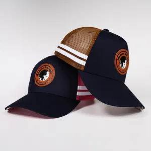 사용자 정의 디자인 하이 퀄리티 5 패널 구조 면 메쉬 모자 가죽 패치 로고 두 줄무늬 호주 국가 트럭 운전사 모자