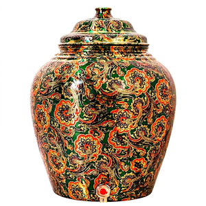 Distributeur d'eau à motif floral vert avec robinet rouge, fonctionnement manuel, usage domestique, distributeur d'eau en cuivre - Product Image 1
