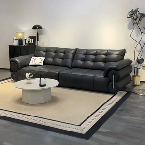 Ensemble de canapé-lit inclinable en cuir noir moderne français, salon, détente, dossier haut, design simple, droit, école - Product Image 1