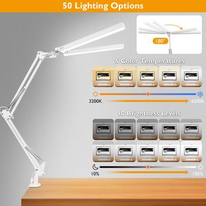 โมเดิร์นโคมไฟตั้งโต๊ะ <span class=keywords><strong>LED</strong></span> สวิงอาร์มพร้อมแคลมป์ 5 โหมดสี 10% ~ 100% ความสว่างหรี่แสงได้โคมไฟตั้งโต๊ะคู่สําหรับโฮมออฟฟิศ