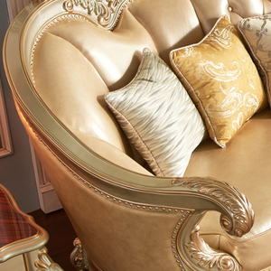 Divano Combinato in Pelle e Legno Massello Intagliato di Lusso Europeo Color Champagne, Arredamento per Soggiorno in Stile Francese - Product Image 6