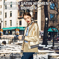 Blouson Bomber d'Hiver en Satin Brillant pour Femme, Couleur Dorée, Fermeture Éclair avec Logo, Imperméable, Style Smart Casual, Dernière Collection