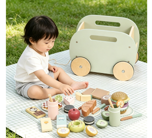 Carrito de Picnic de Madera Montessori con Set de Comida de Juguete para Niños, Juguetes Realistas para Cortar con Almacenamiento, Regalo Multifuncional para Juego de Roles en la Cocina - Product Image 1