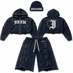 Tuta Sportiva Personalizzata Streetwear 480GSM con Zip e Strass, Set Felpa con Cappuccio e Pantaloni a Vita Doppia e Gamba Larga per Uomo - Product Image 1