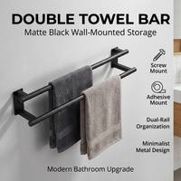 Rak Handuk Ganda Dinding, Rak Handuk Kamar Mandi Stainless Steel Hitam Matte, Organizer Rel Ganda untuk Kamar Mandi Modern